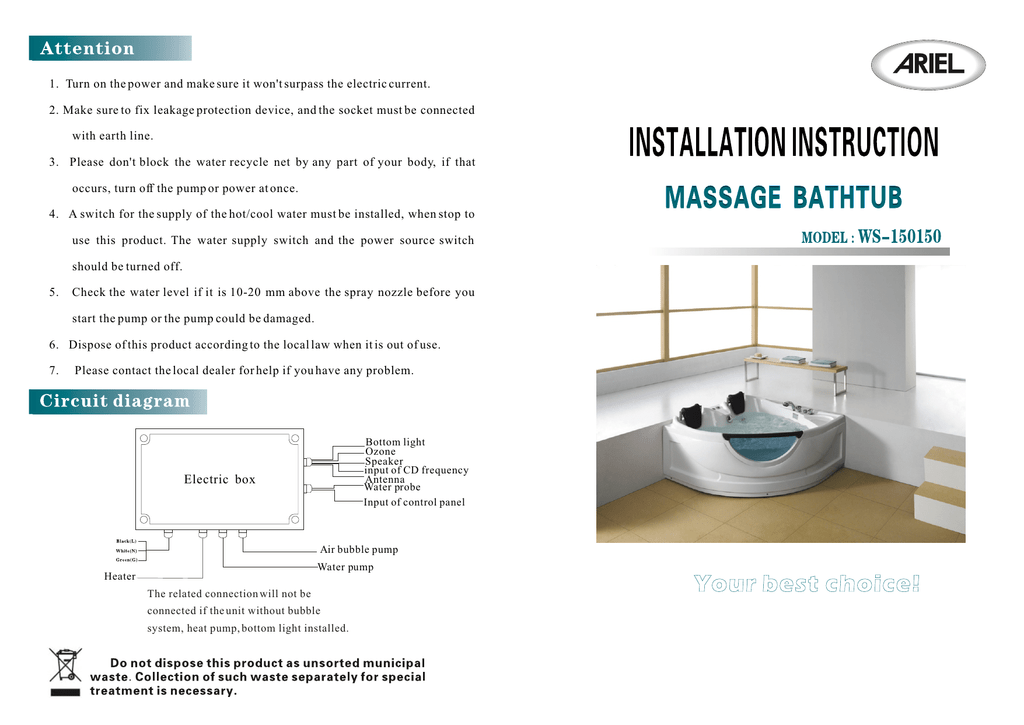 Ariel Bt 150150 Installation Guide, Ariel Bt 150150 Whirlpool Bathtub