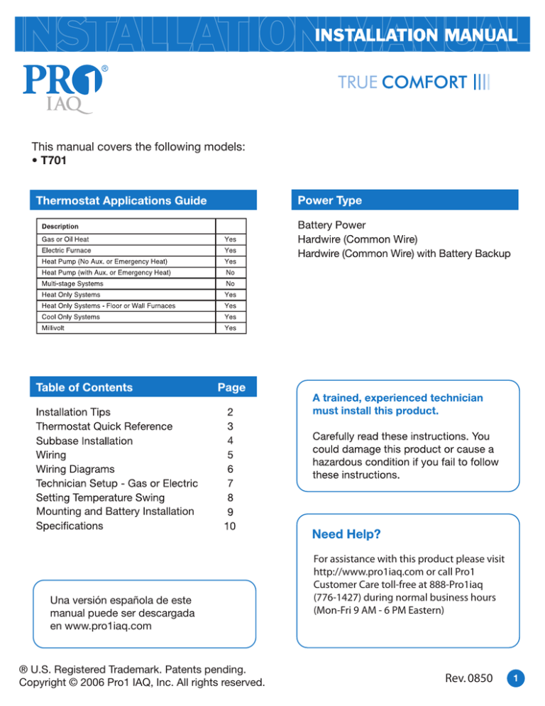 Pro 1 T701 Installation guide | Manualzz