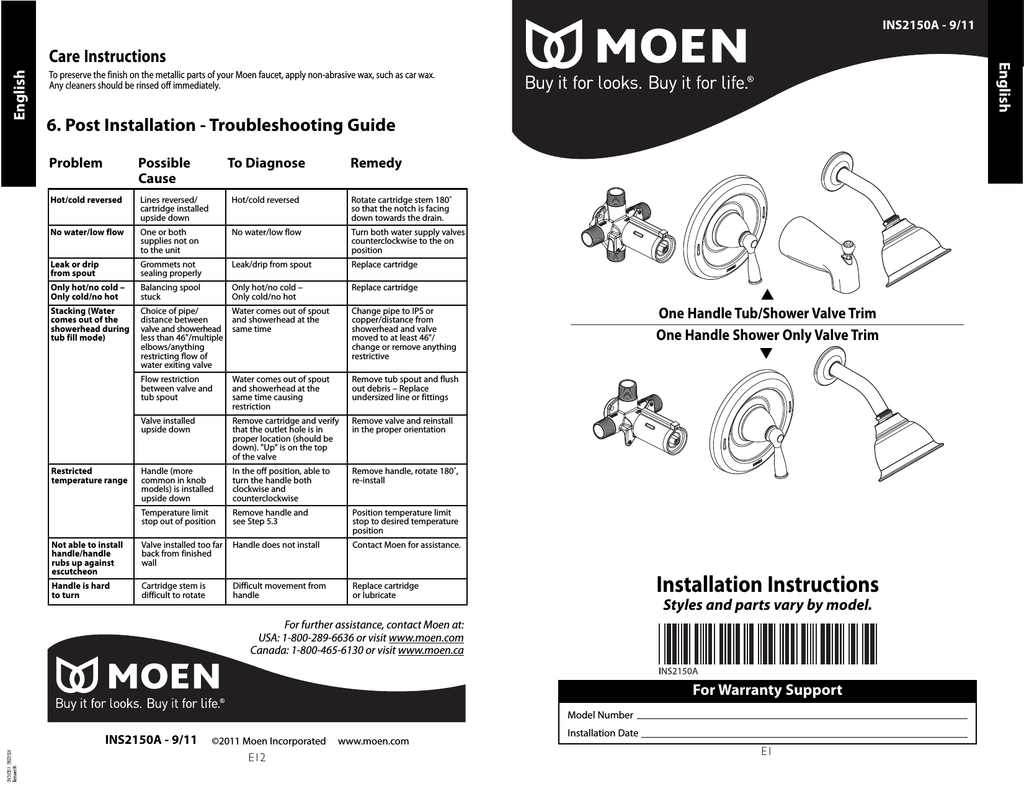 Install Moen Shower Valve Instructions Moen 82603 Bathtub Shower