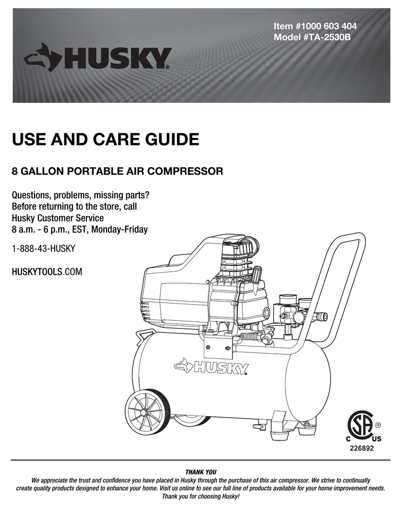 Husky TA-2530B Use and Care Manual | Manualzz  Husky 60 Gallon Air Compressor Wiring Diagram    Manualzz