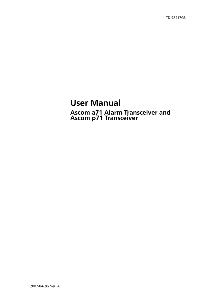 User Manual, Ascom a71 Alarm Transceiver and Ascom p71 | Manualzz