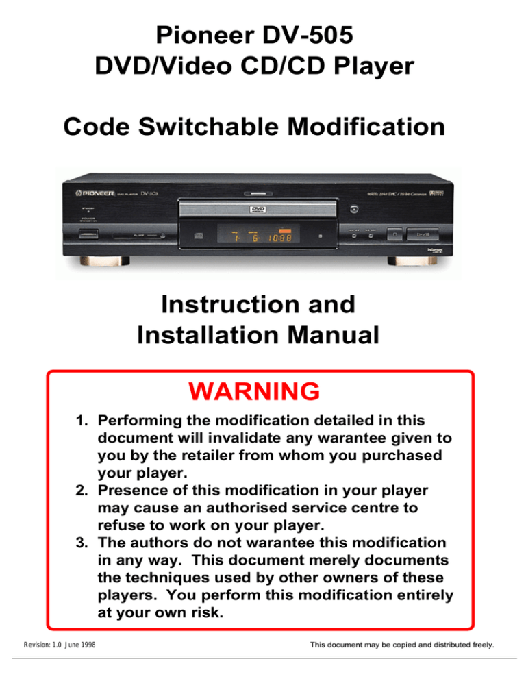 Instruction And Installation Manual Pioneer Dv 505 Exvacuo Manualzz