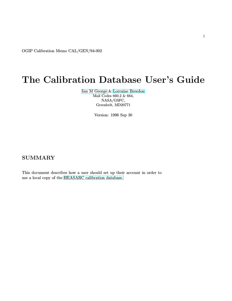 The Calibration Database User's Guide HEASARC Manualzz