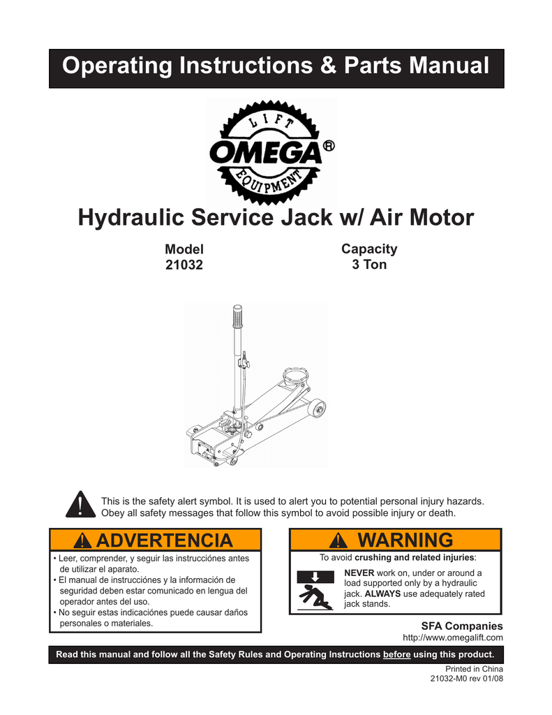 Hydraulic Service Jack w/ Air Motor Operating Instructions & Parts