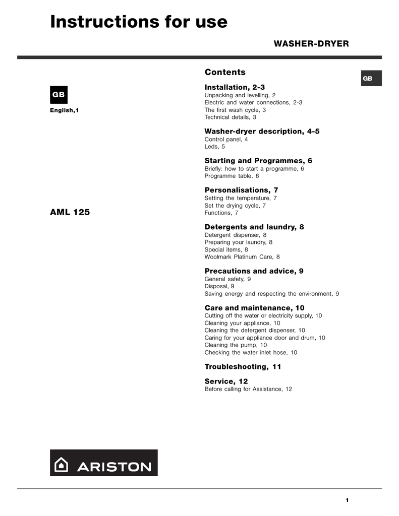 ariston washer dryer manual aml 105