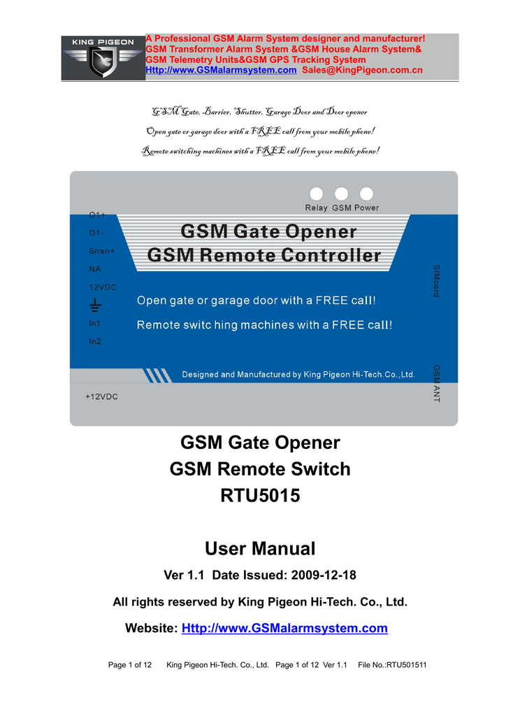 GSM Gate Opener GSM Remote Switch RTU5015 User Manual Manualzz