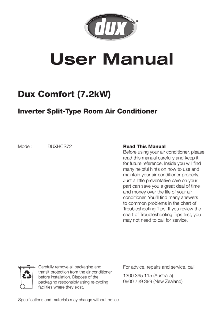 User Manual Dux Comfort 7 2kw V4 Manualzz