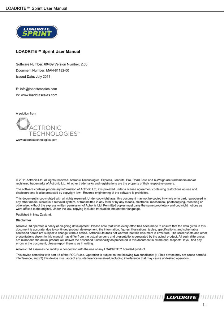 LOADRITE™ Sprint User Manual LOADRITE™ Sprint User Manual | Manualzz