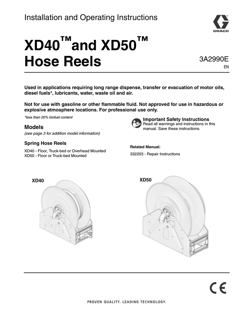 Graco 3A2990E XD 40 and XD50 Hose Reels Operating instructions Manualzz