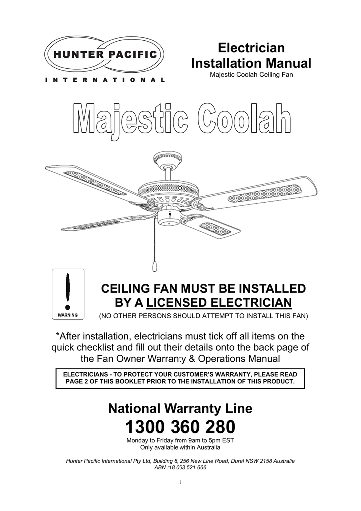 Electrician Installation Manual National Warranty Line Manualzz - Cost To Install A Ceiling Fan With Existing Wiring Diagrams Australia