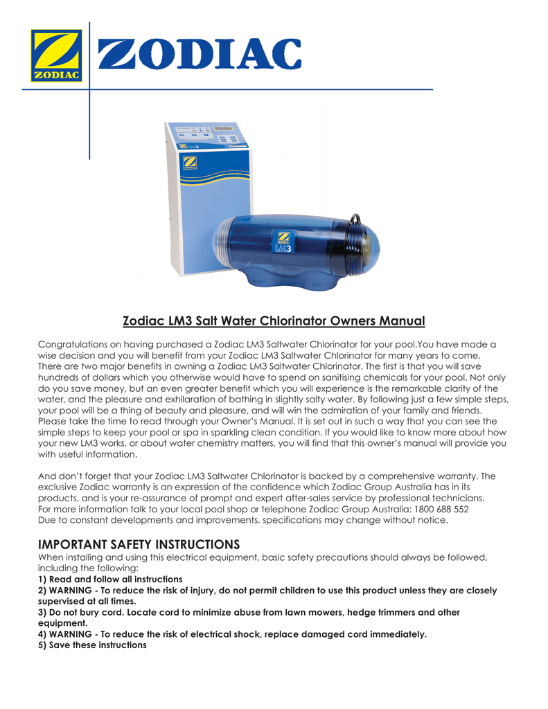 Zodiac LM3 Salt Water Chlorinator Owners Manual IMPORTANT Manualzz