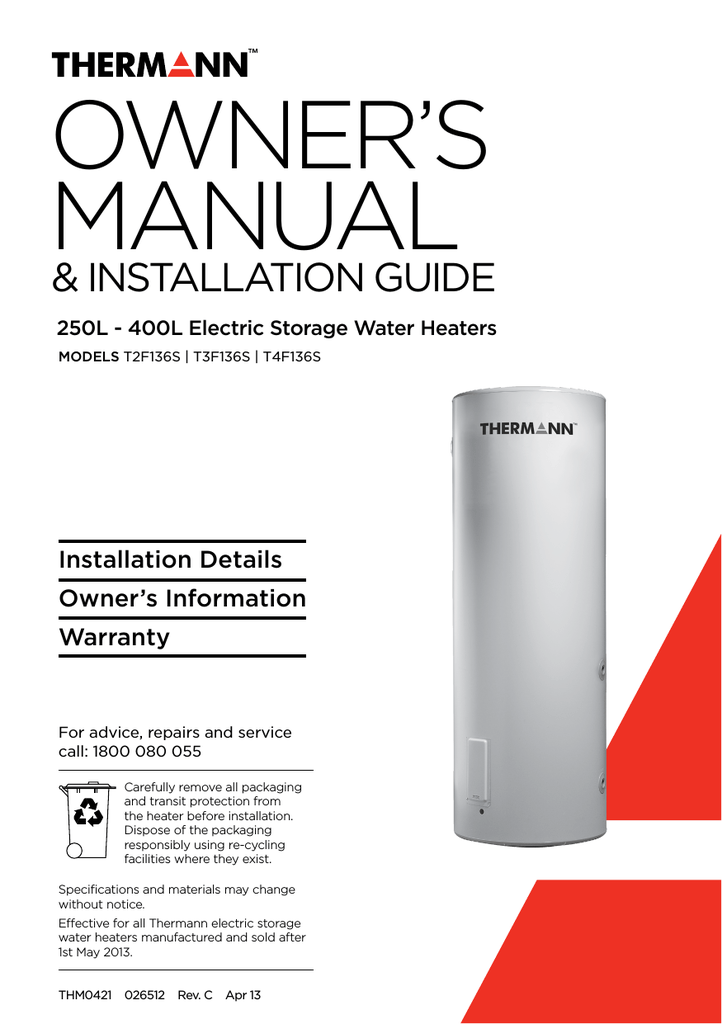 Thermann Electric Hot Water Unit Owners Manual Manualzz