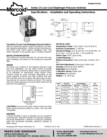 Dwyer Mercoid Series CS Diaphragm Pressure Switch 1-30 Hg Vac Fixed Deadband