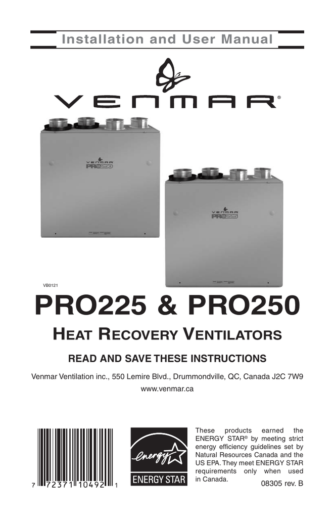 Venmar PRO250 Air exchanger User guide Manualzz