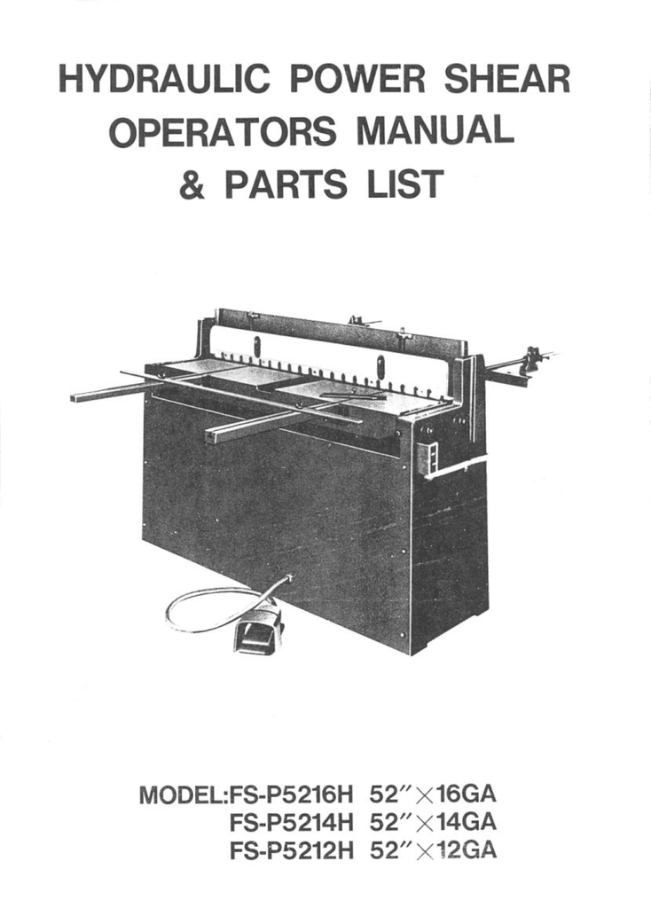 HYDRAULIC POWER SHEAR OPERATORS MANUAL & PARTS LIST Manualzz