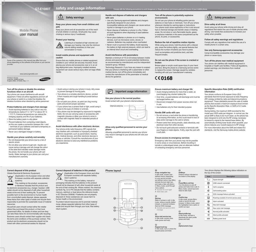 Samsung GT-E1080/F User Manual | Manualzz