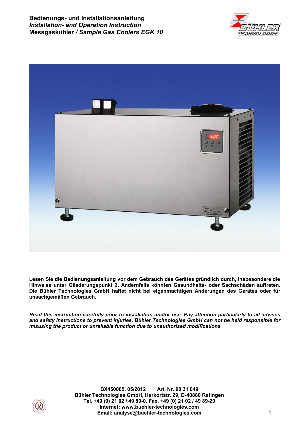 Buhler Sample Gas Cooler EGK 10 Manualzz