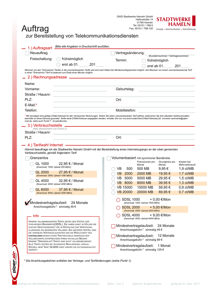 Auftrag Stadtwerke Hameln Manualzz