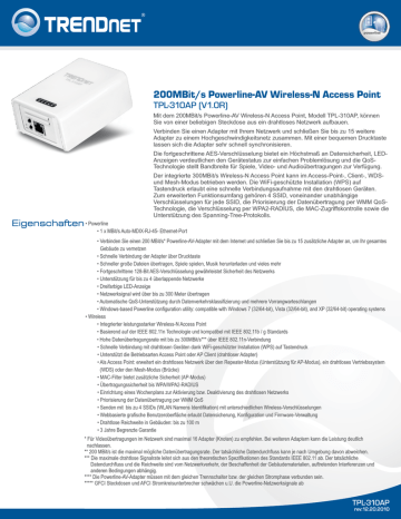 Trendnet TPL-310AP Powerline 200 AV Wireless Access Point Datenblatt | Manualzz