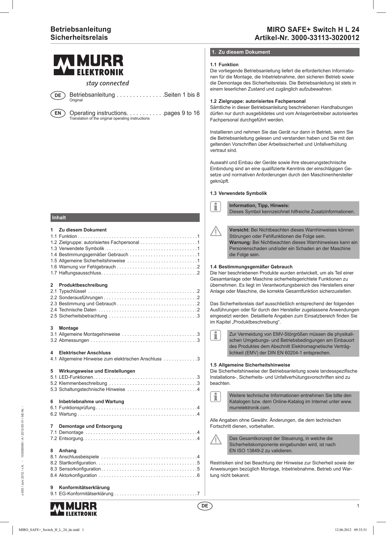 Miro Safe Switch H L 24 Artikel Nr 3000 Manualzz