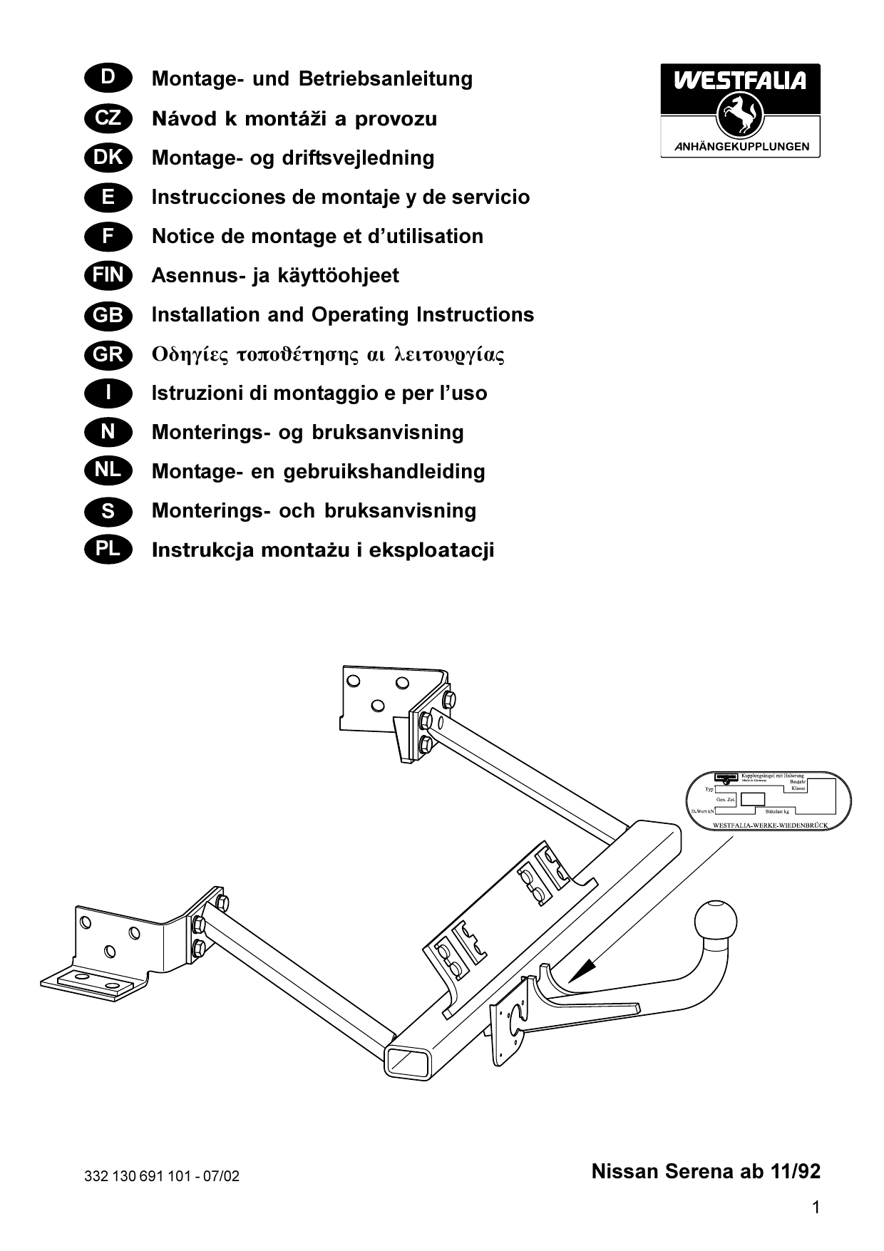 Nissan Serena Ab 11 92 D Montage Und Betriebsanleitung Navod K Manualzz