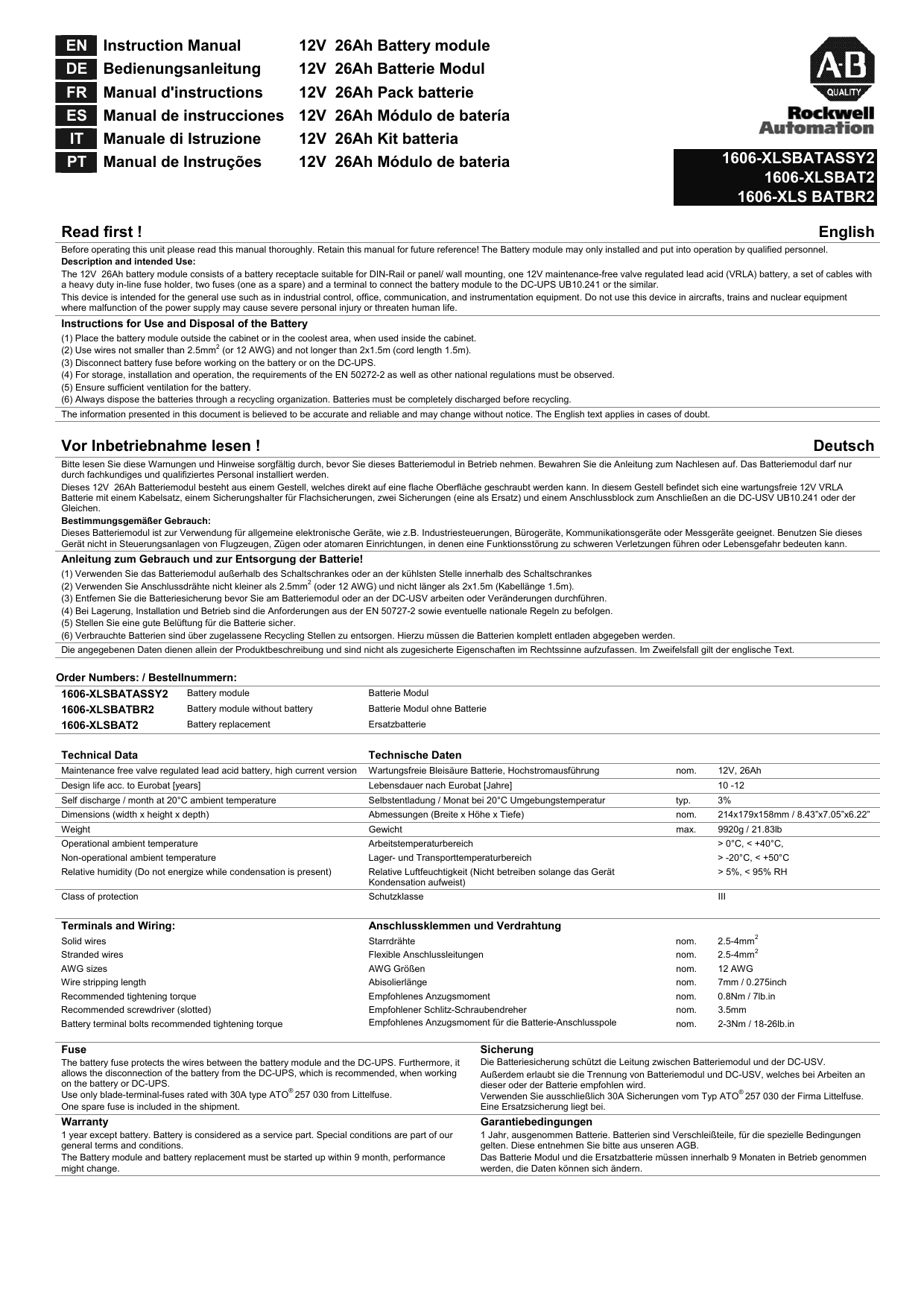 EN Instruction Manual 12V 26Ah Battery module DE | Manualzz