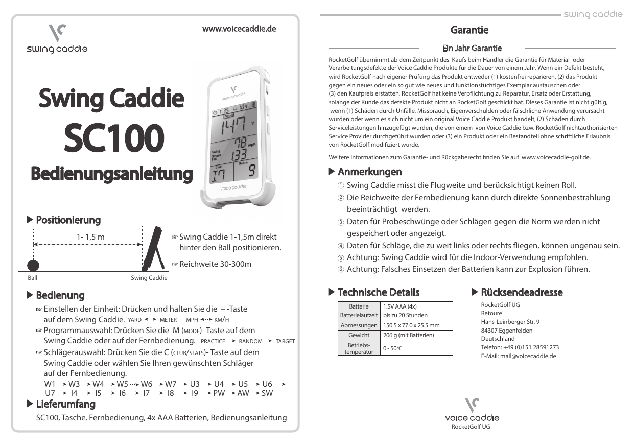 Bedienungsanleitung Swing Caddie Sc100 Runterladen