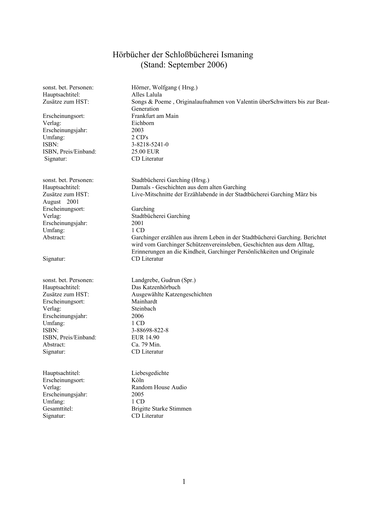 Horbucher Der Schlossbucherei Ismaning Stand September 2006 Manualzz