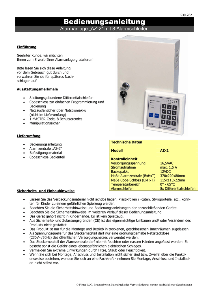 Bedienungsanleitung Alarmanlage Az 2 Mit 8 Alarmschleifen Manualzz