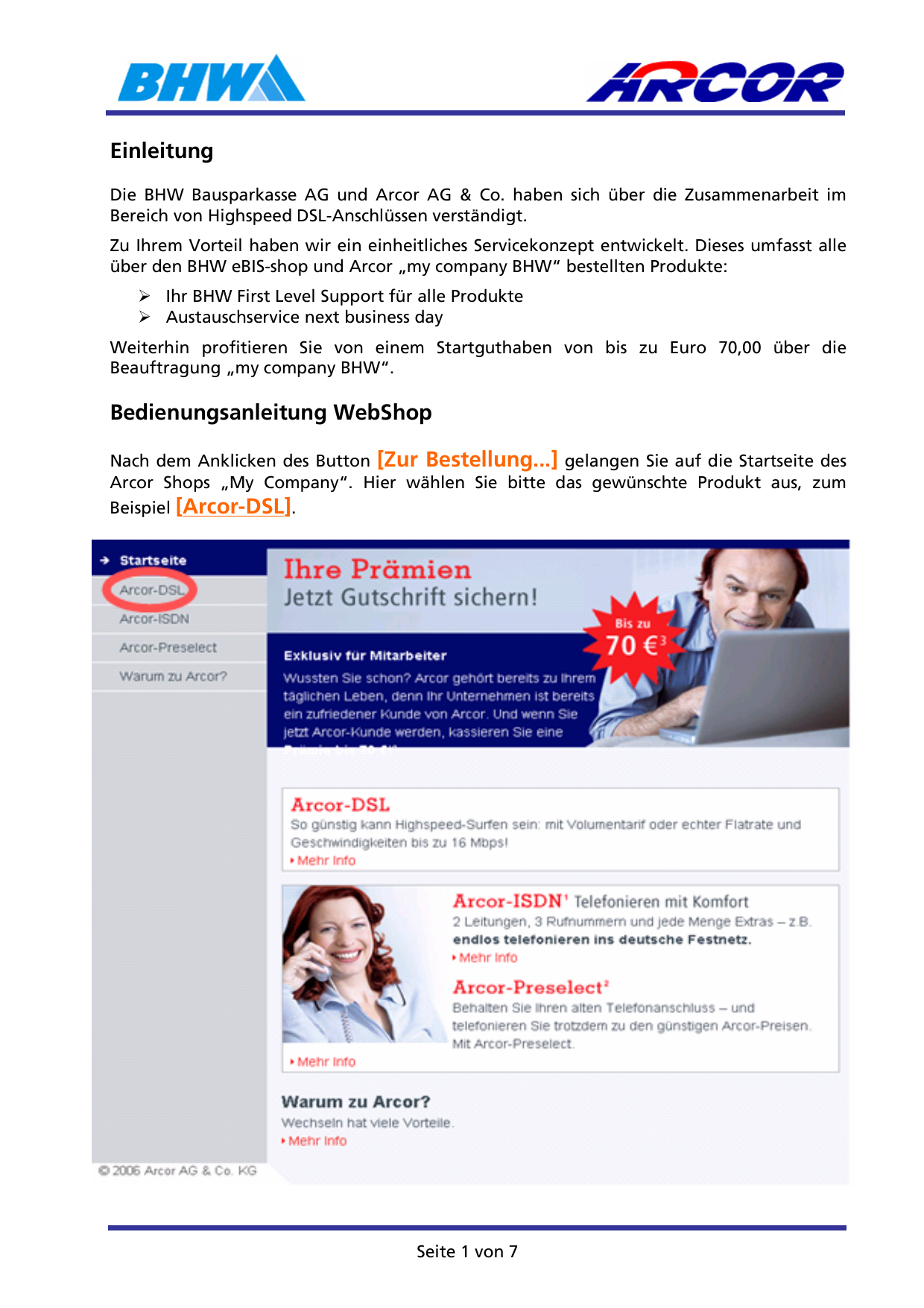 Einleitung Bedienungsanleitung Webshop Beispiel Arcor Manualzz