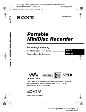 Sony MZ-N910 Bedienungsanleitung | Manualzz