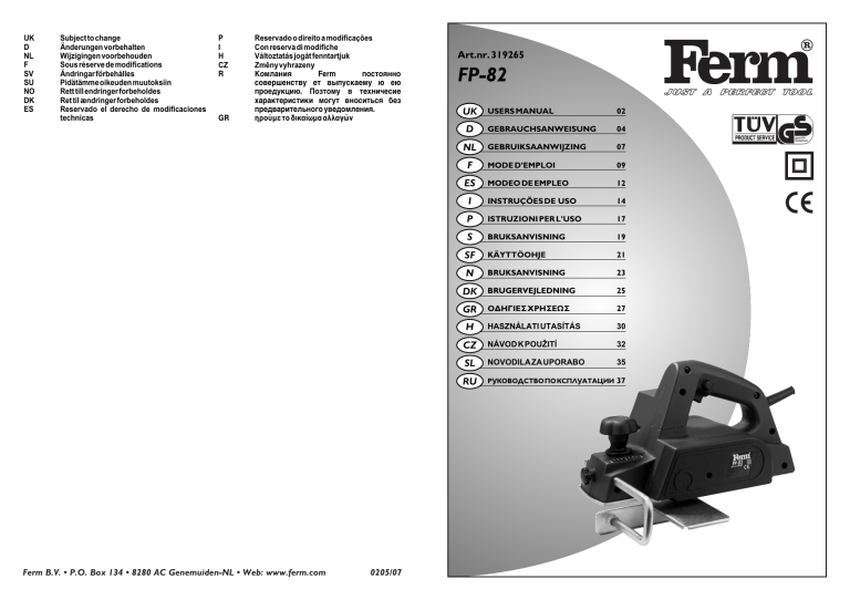 Art Nr 319265 Uk D Nl F Es I P S Sf N Dk Gr H Cz Sl Ru Manualzz
