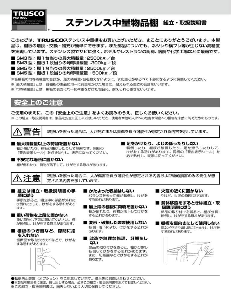 送料別途)(直送品)TRUSCO ステンレス製中量ボルトレス棚 SM3型 W1500