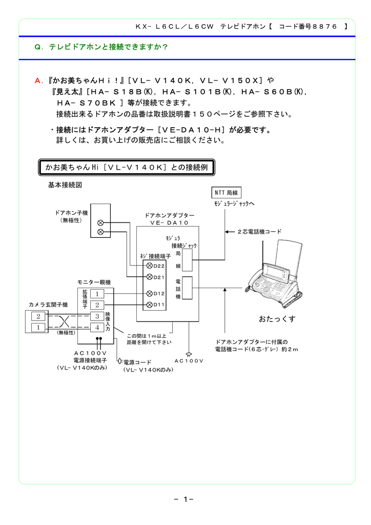 Q テレビドアホンと接続できますか A かお美ちゃんhi Psn Manualzz