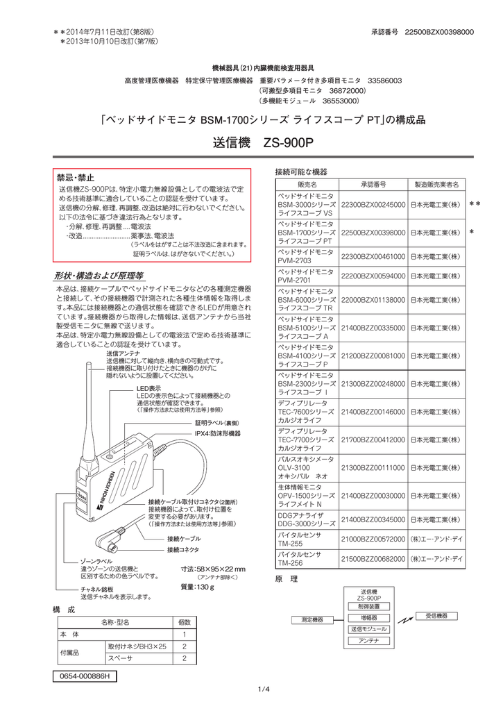 Instruction manual | 日本光電 BSM-1700シリーズ ZS-900P 送信機 取扱説明書 | Manualzz