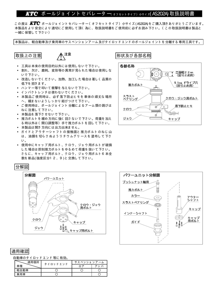 KTC(京都機械工具):ボールジョイントセパレーター (オフセットタイプ) AS202A 通販