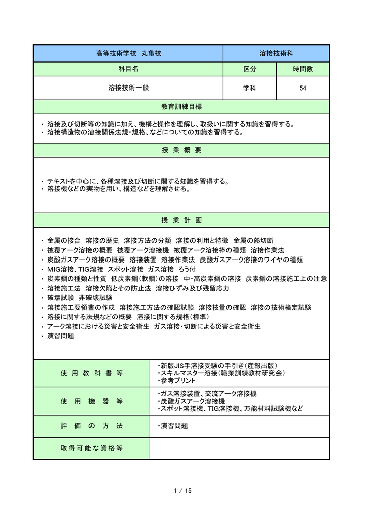 区分 時間数 学科 54 教育訓練目標 溶接及び Manualzz