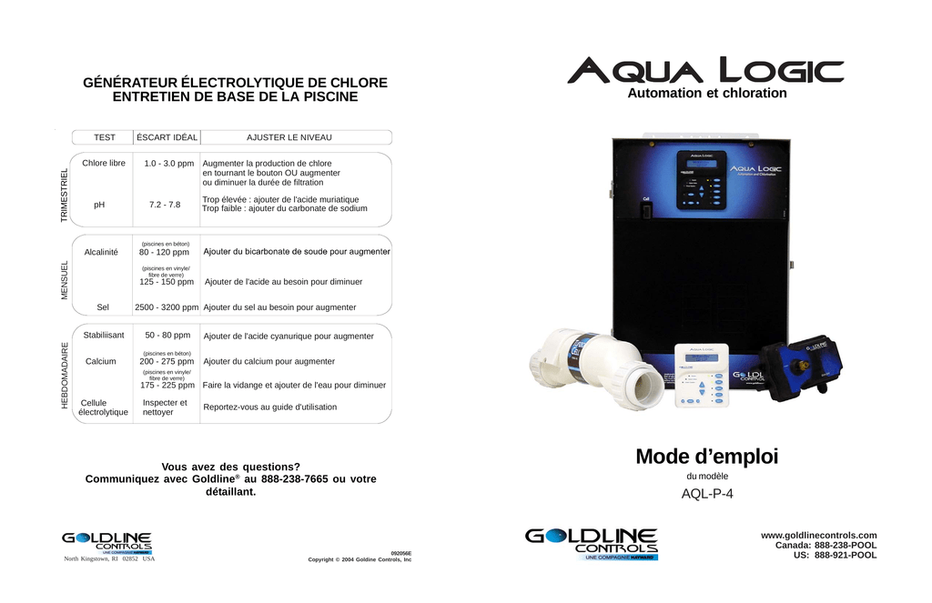 Aqua Logic Automation et Chloration Mode d`emploi du Manualzz