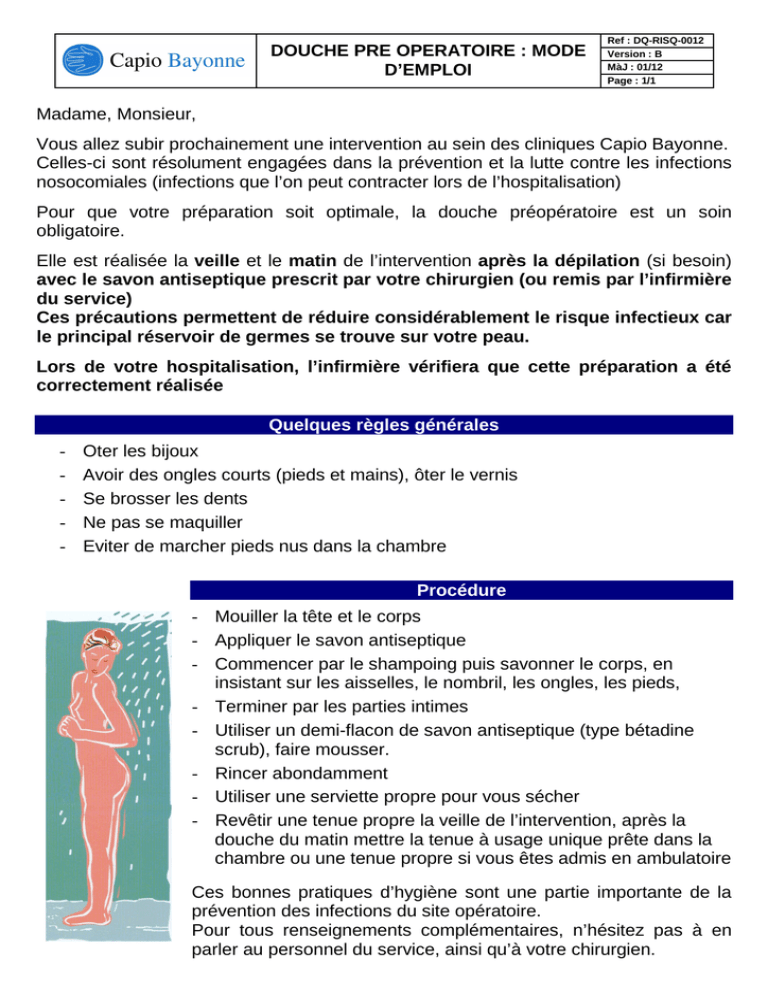 DOUCHE PRE OPERATOIRE MODE D`EMPLOI Madame Manualzz