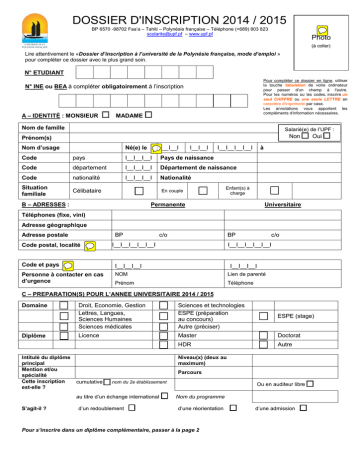 Dossier D Inscription 2014 2015 Universite De La Polynesie Francaise Manualzz