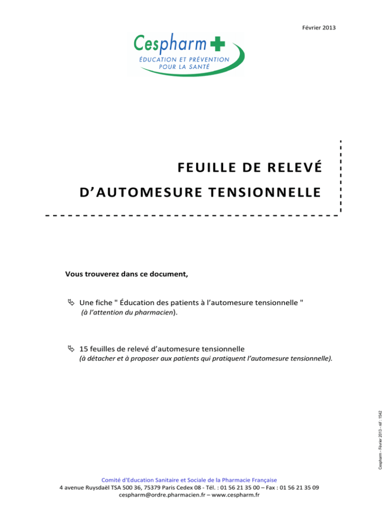 Fiche Automesure Relevé D'automesure Tensionnelle A Imprimer
