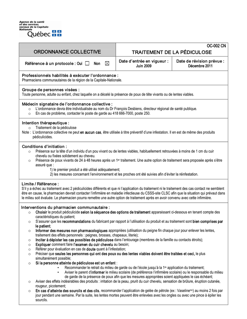 Ordonnance Collective Traitement De La Pediculose Manualzz