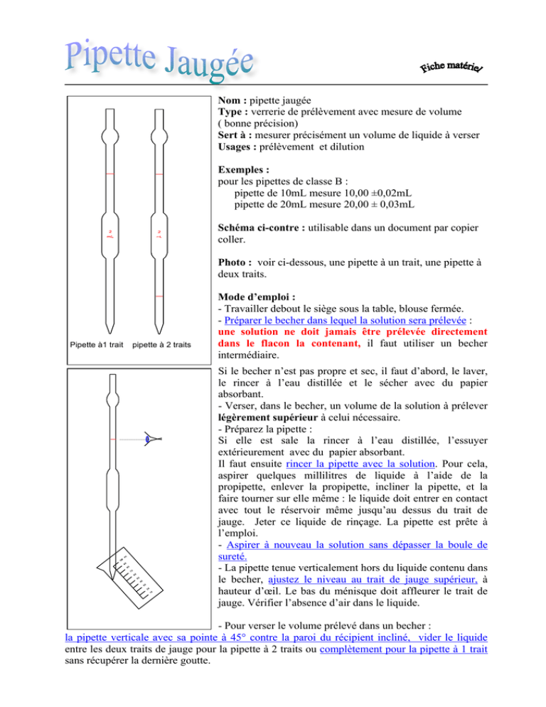 Nom Pipette Jaugee Type Verrerie De Prelevement Avec Mesure Manualzz