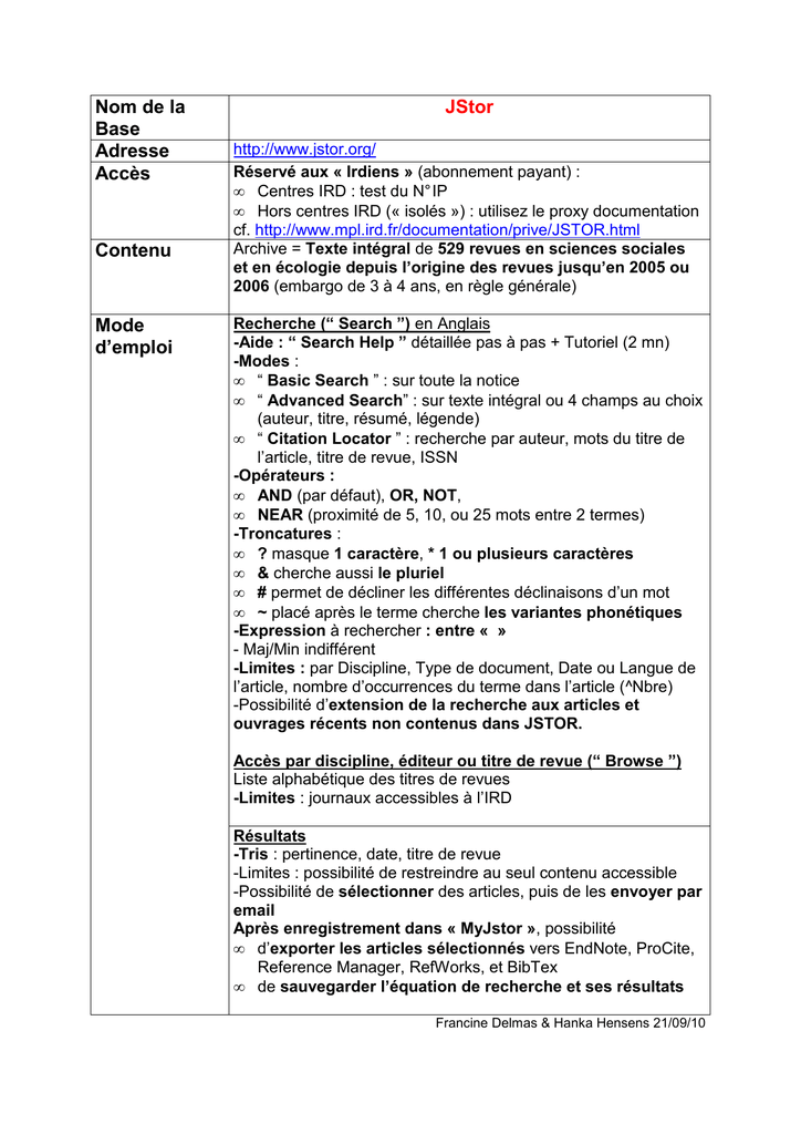 Nom De La Base Jstor Adresse Acces Contenu Mode D Emploi