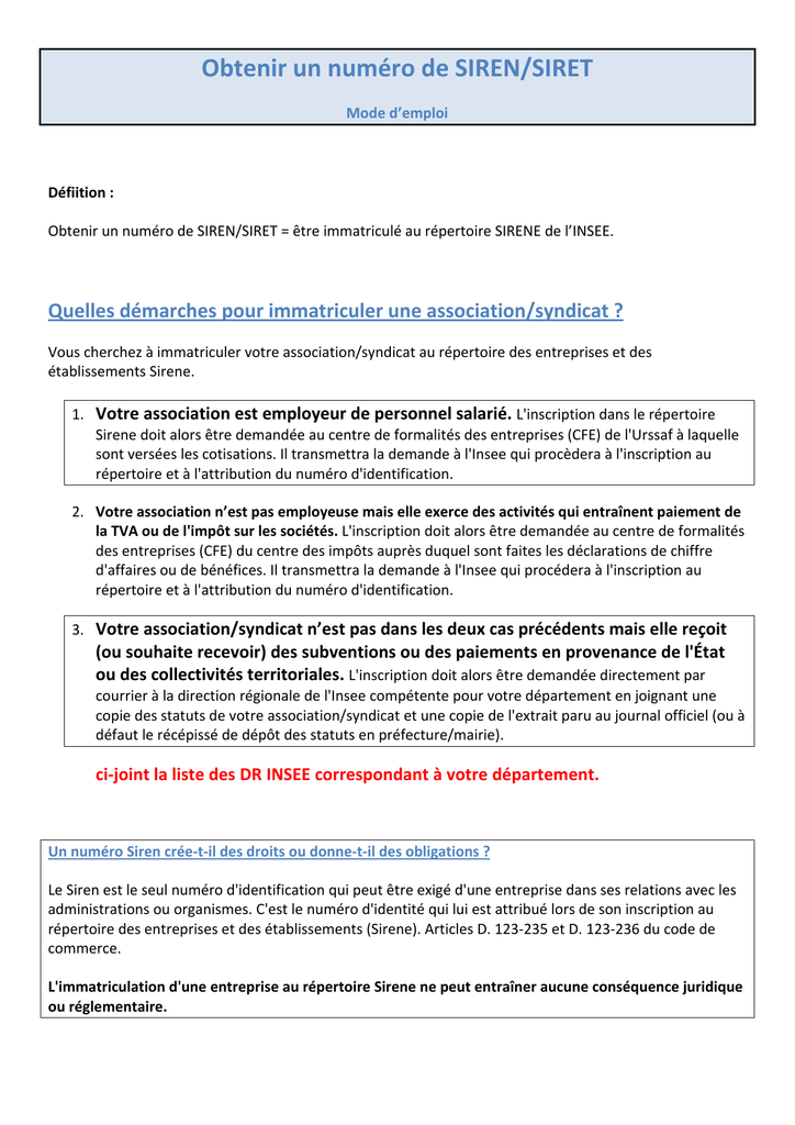 Obtenir Un Numero De Siren Siret Manualzz