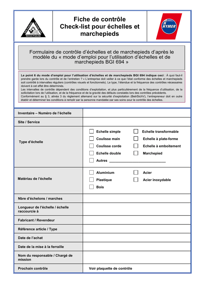 Fiche de contrôle Checklist pour échelles et marchepieds  Manualzz