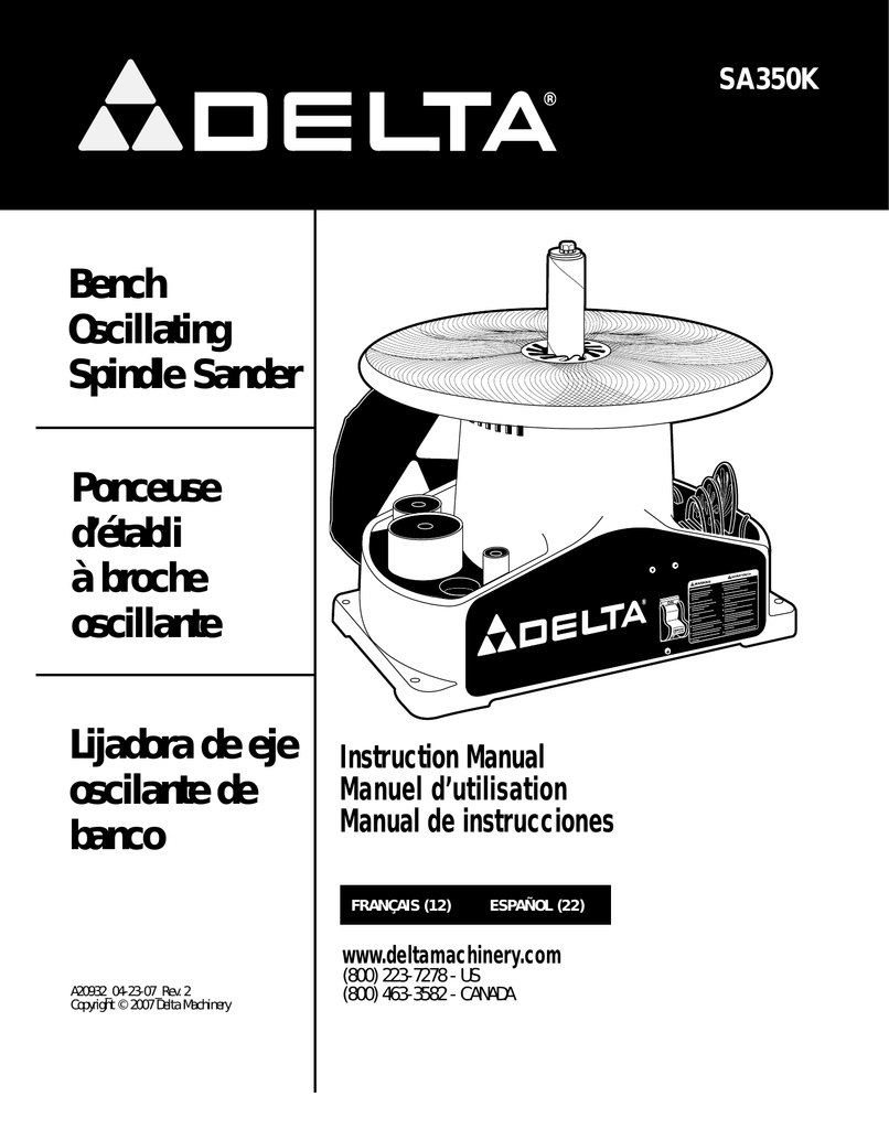 Delta SA350K Shopmaster Boss Spindle Sander User guide Manualzz