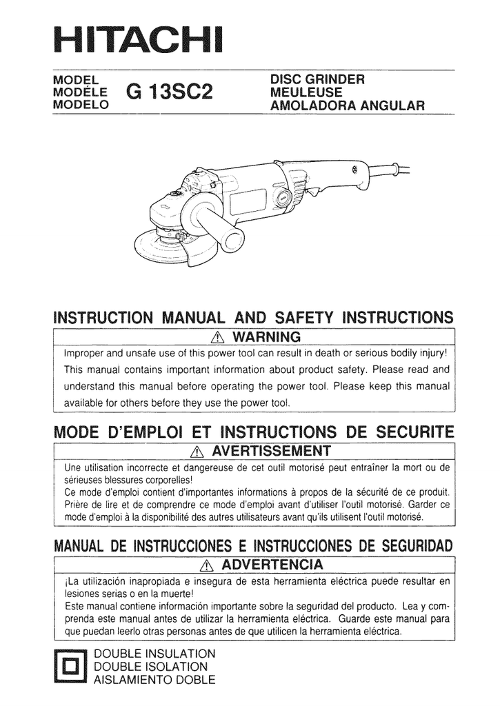 Hitachi G13SC2 Angle Grinder Owner's Manual Manualzz