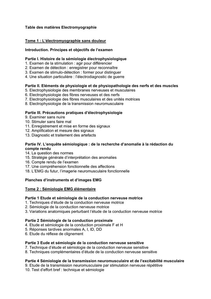 Table Des Matieres Electromyographie Tome 1 L Manualzz