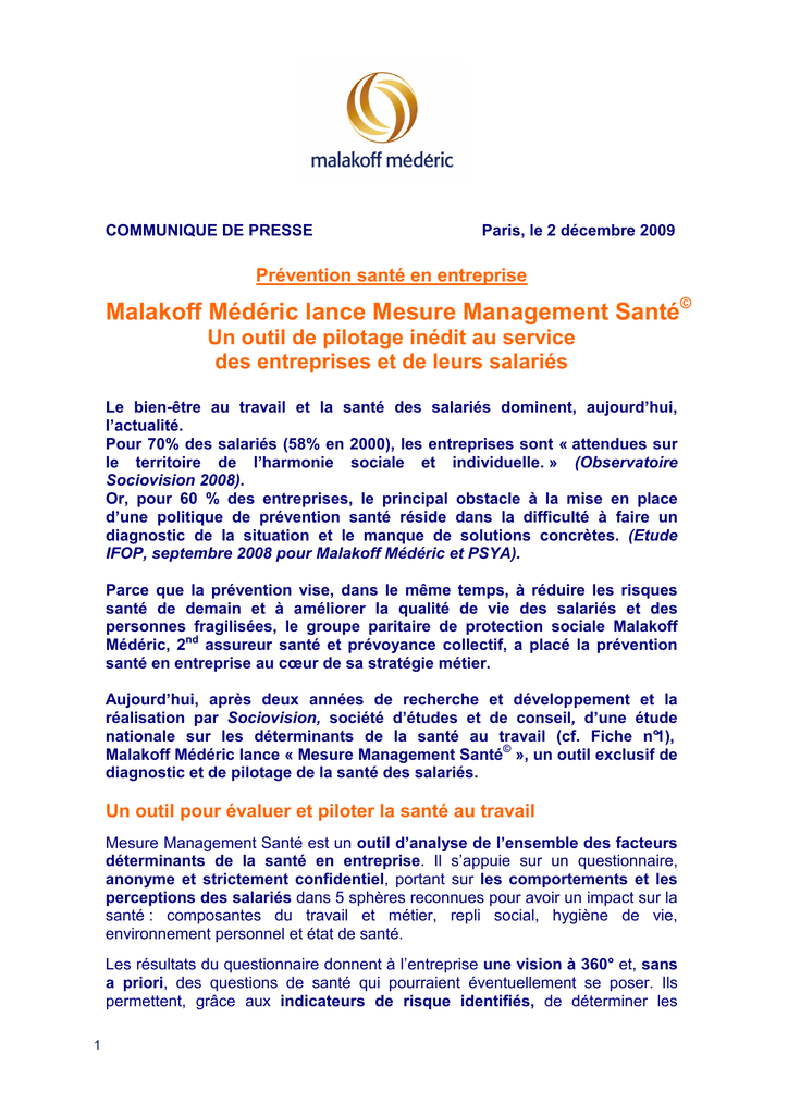 Malakoff Médéric Lance Mesure Management Santé Manualzzcom - 